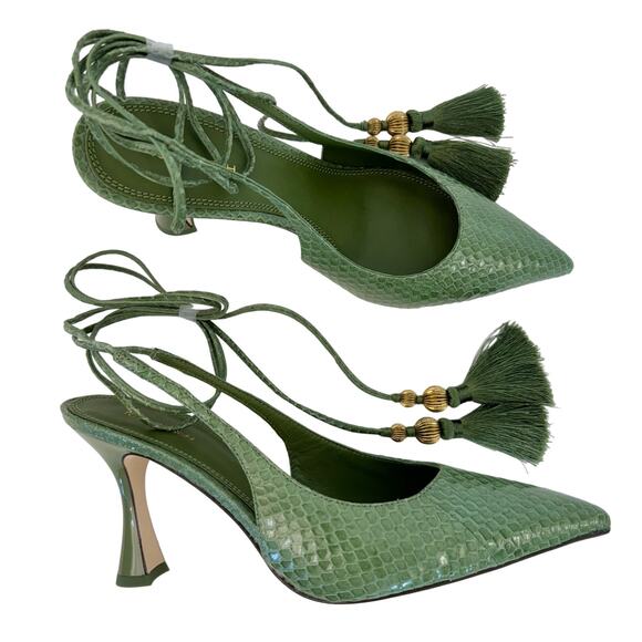 Tory Burch Capri Wrap Around Pointed Toe Green Shoes Snakeskin Effect | Size 9M - Picture 1 of 12